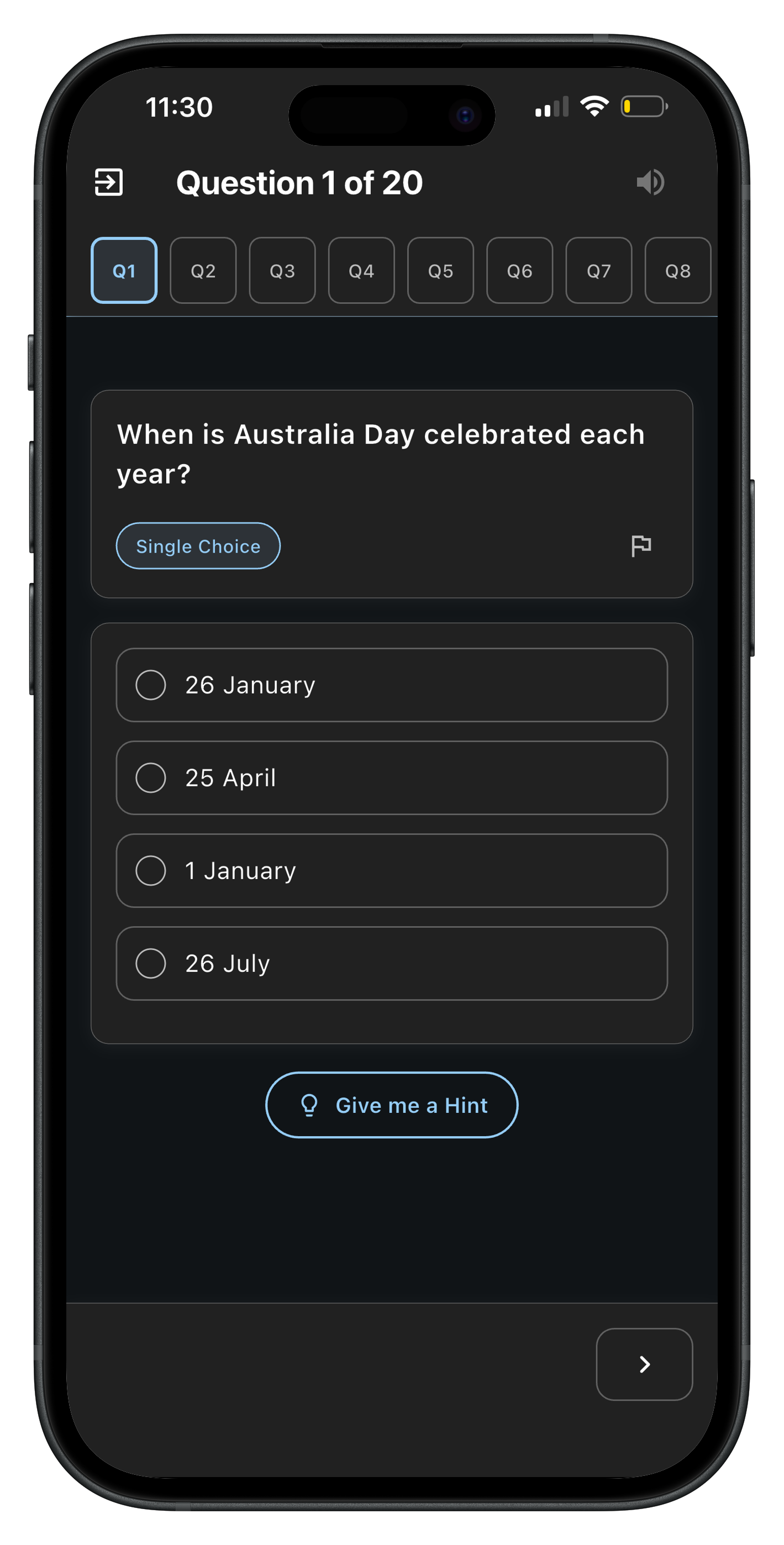 Australian citizenship dark mode practice screen