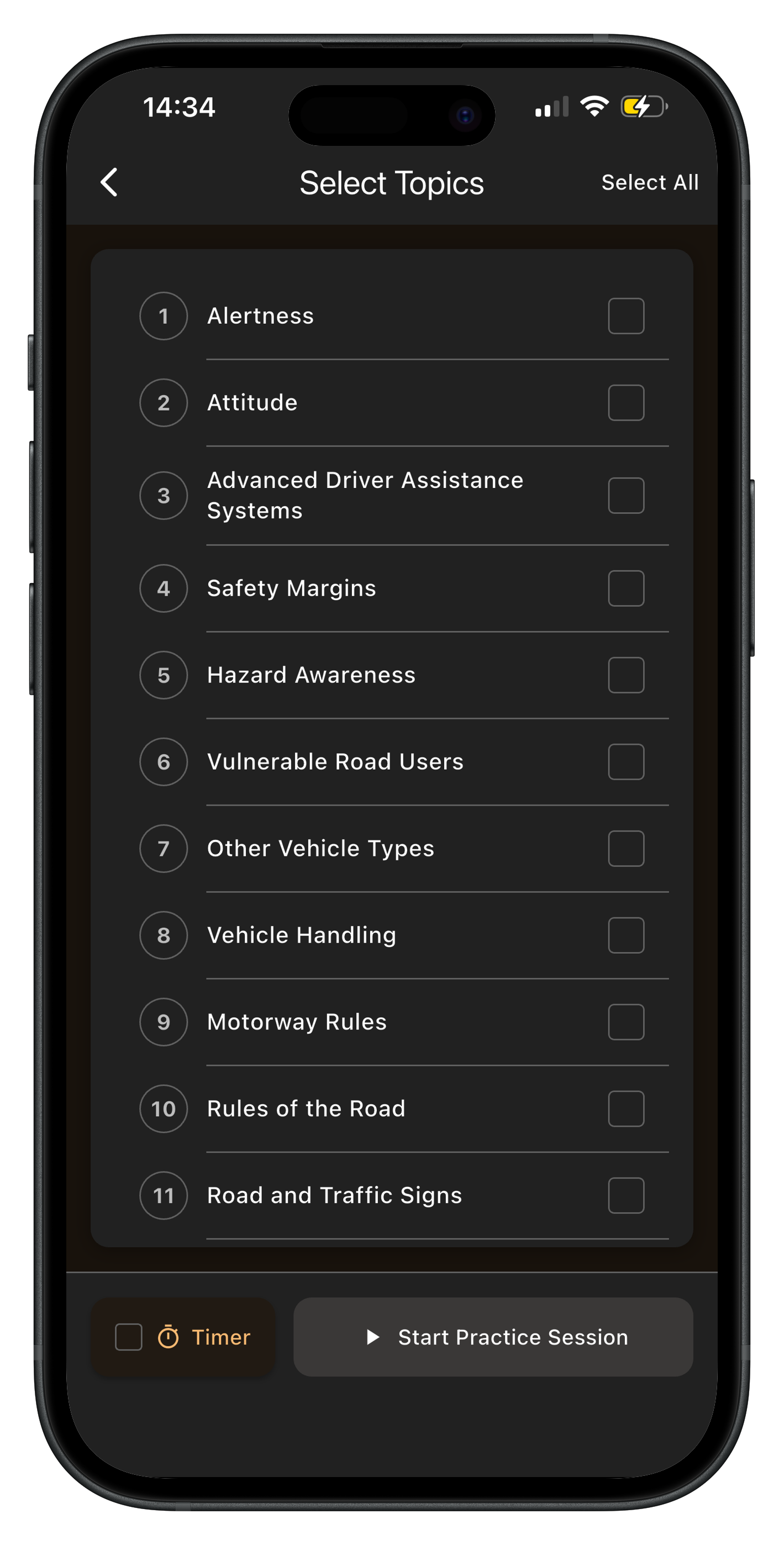 Driving theory dark mode study screen
