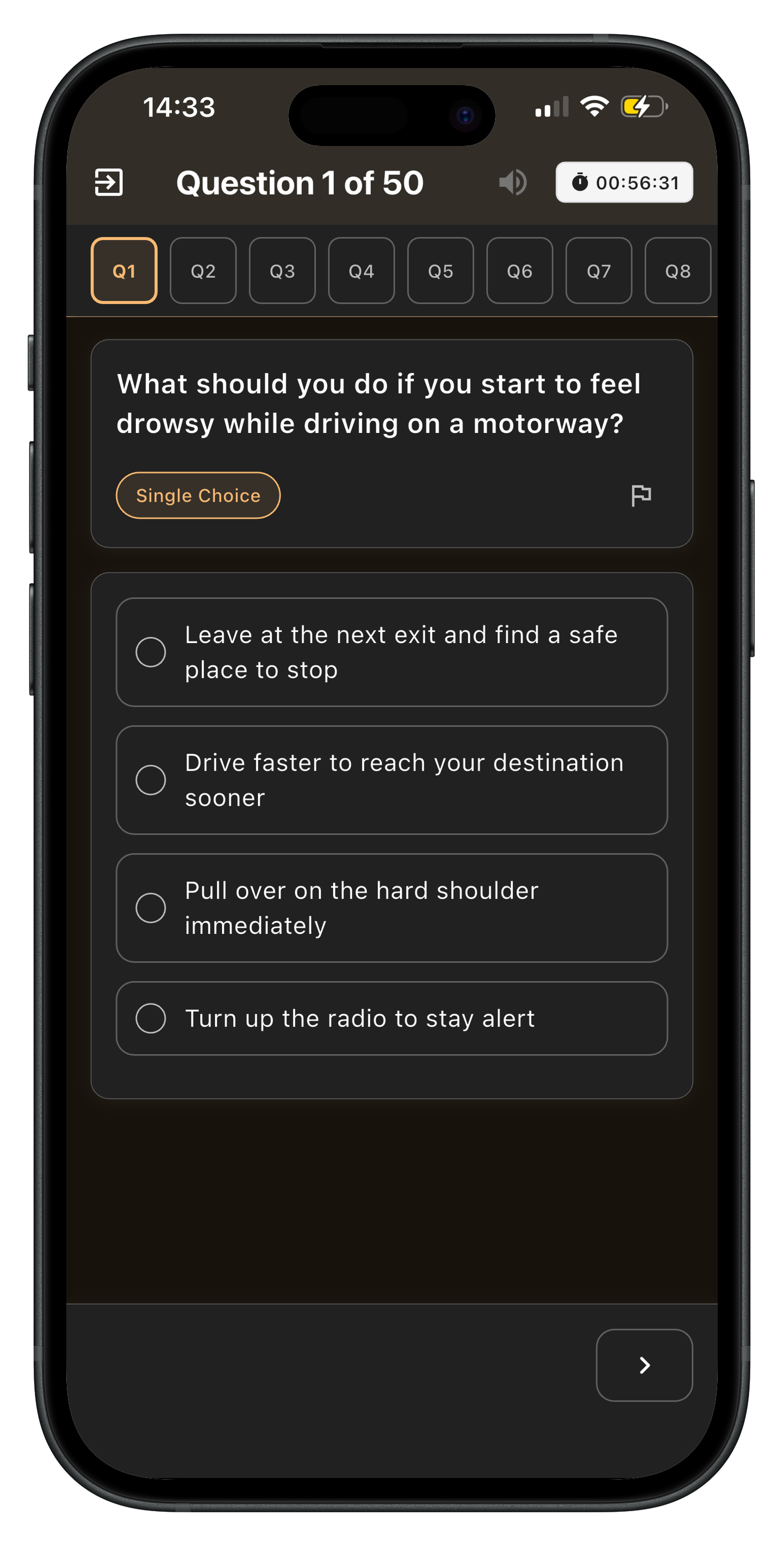 Driving theory dark mode flashcards screen