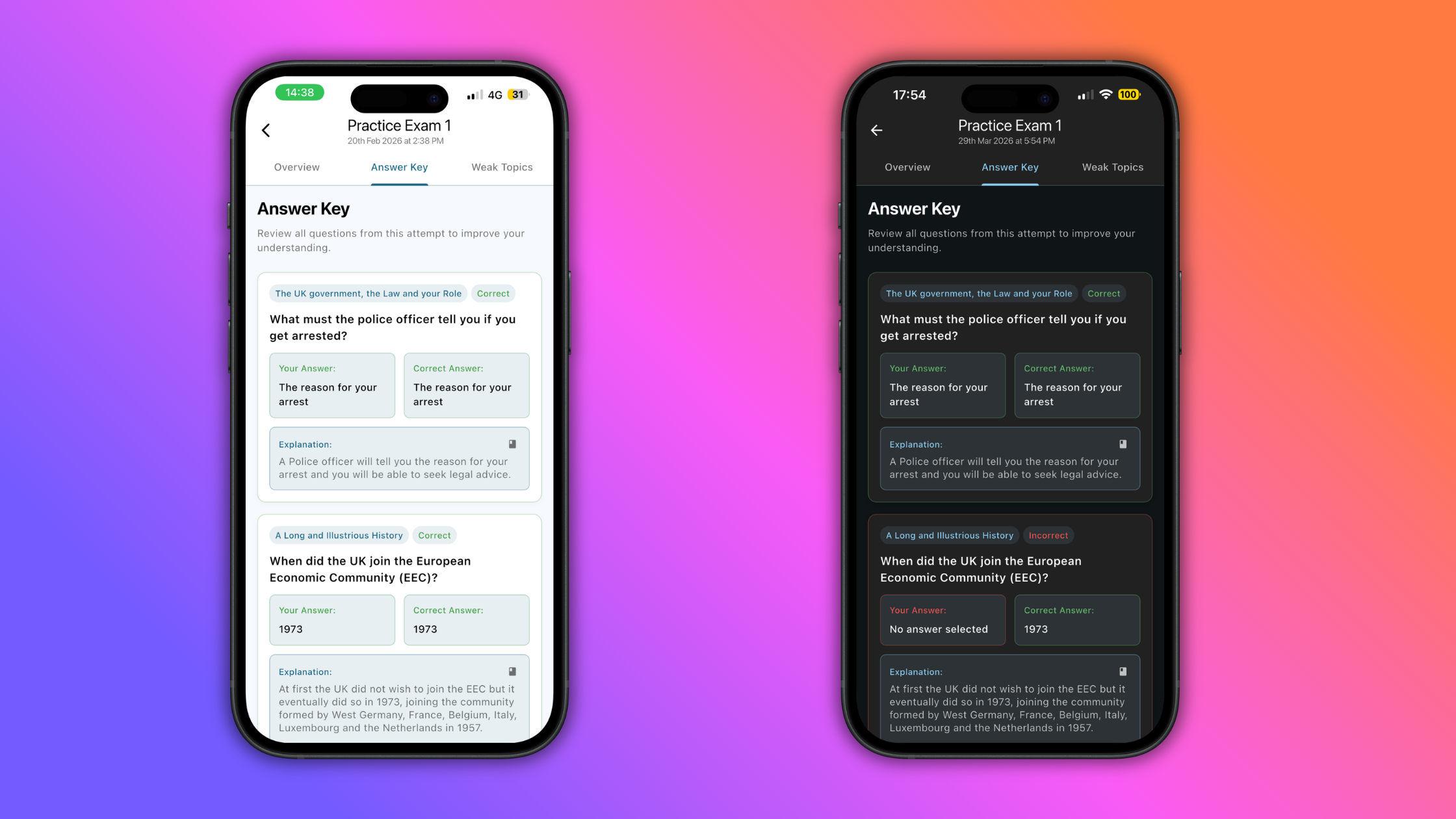 Answer Key feature in Life in the UK ExamReady app